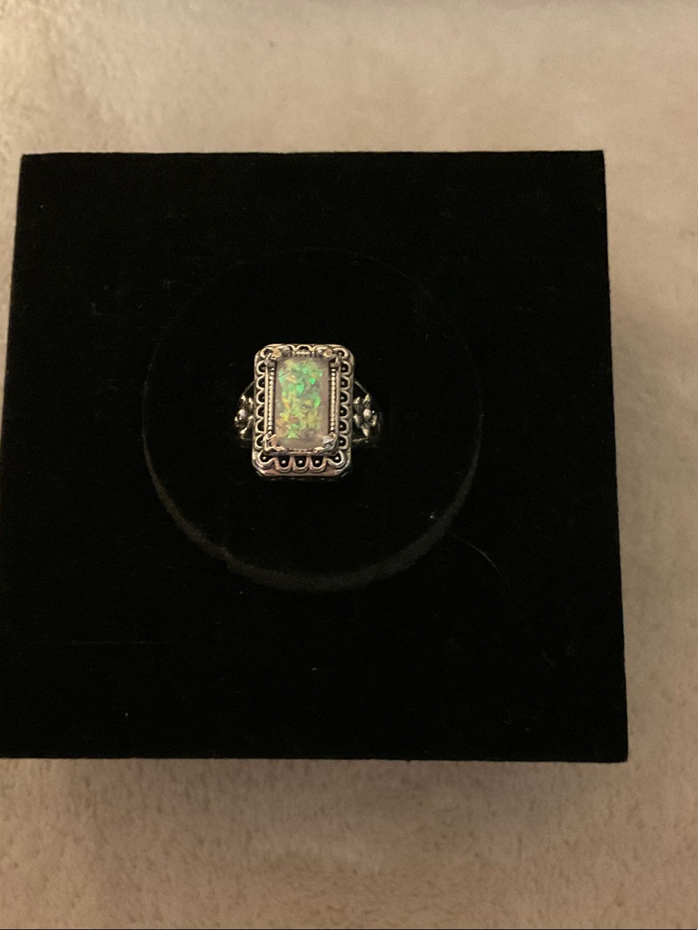 Green Opal Rectangular Statement Ring - Silver Tone